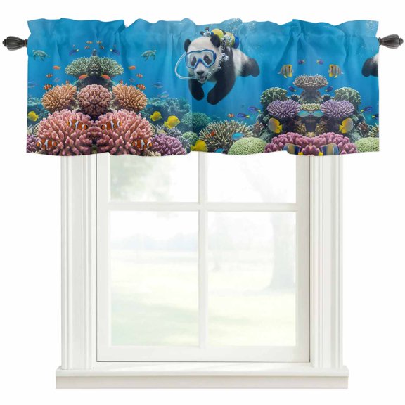 Funny Diving Panda Valances for Windows Farmhouse Kitchen Curtains Valances Rod Pocket Valance Curtains for Windows Ocean Sea Coastal Coral Fish Marine Life Valances for Bathroom Bedroom 42"x12"