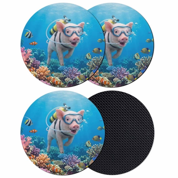 Funny Diving Pig Coasters Set of 4, Absorbent Coasters for Drinks, Ocean Sea Coastal Coral Fish Marine Life Coaster for Desk Coffee Table Protection, Home Decor House Warming Gifts 4"