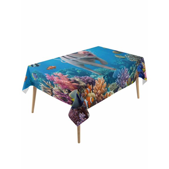 Funny Diving Pig Rectangle Tablecloth, Ocean Sea Coastal Coral Fish Marine Life Waterproof & StainResistant Tablecloth, Washable Oil-proof Table Cover for Dining/Party/Wedding/Buffet 54x108 In