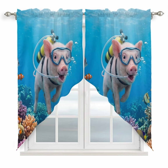 Funny Diving Pig Swag Valances for Windows, Kitchen Curtains 36 Inch Length 2 Panels Set, Ocean Sea Coastal Coral Fish Marine Life Short Curtains for Small Windows Rod Pocket Cafe Curtains 28"x36"