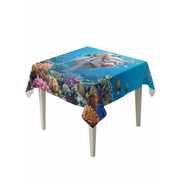 Funny Diving Pig Table Cloth, Waterproof Tablecloth for Square Tables, Ocean Sea Coastal Coral Fish Marine Life Reusable Washable Fabric Table Cover for Restaurant Kitchen Dining Tables 54"x54"
