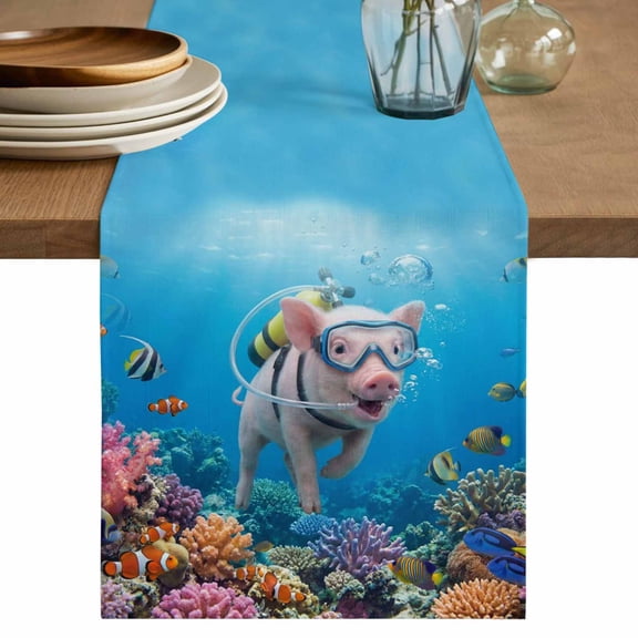 Funny Diving Pig Table Runner, Ocean Sea Coastal Coral Fish Marine Life Washable Cotton Linen Table Runners 36 Inches Long, Dresser Scarf Runner for Nightstand/End Tables/Round Tables 13''x36''