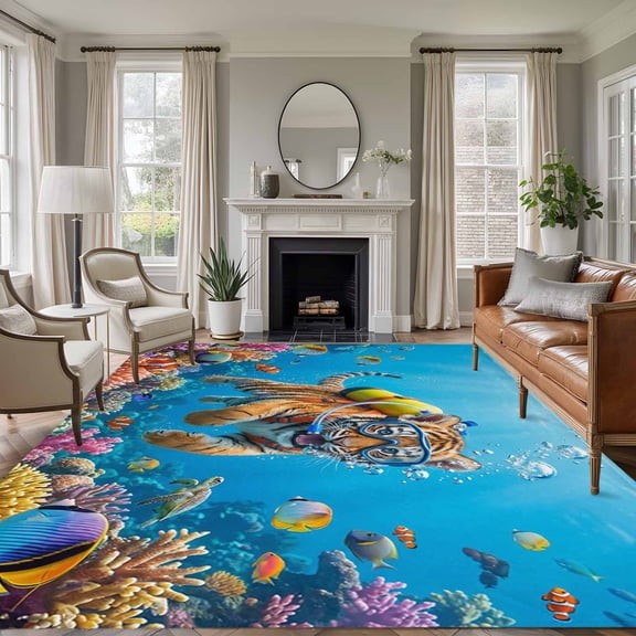 Funny Diving Tiger 5'x8' Area Rug for Living Room, Ocean Sea Coastal Coral Fish Marine Life Washable Non-Slip Rugs for Bedroom Nursery Dining Room, Low-Pile Kitchen Carpet Large Entryway Rugs