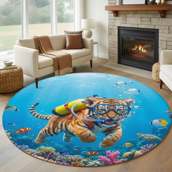 Funny Diving Tiger 6ft Round Rugs, Ocean Sea Coastal Coral Fish Marine Life Washable Non-Slip Area Rugs for Living Room Bedroom Kitchen, Low Pile Dining Room Kicthen Circle Carpet, Indoor Floor Rug