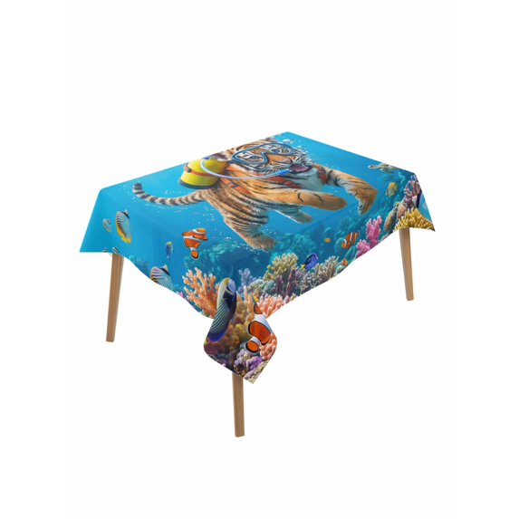 Funny Diving Tiger Rectangle Tablecloth, Ocean Sea Coastal Coral Fish Marine Life Waterproof & StainResistant Tablecloth, Washable Oil-proof Table Cover for Dining/Party/Wedding/Buffet 52x70 In
