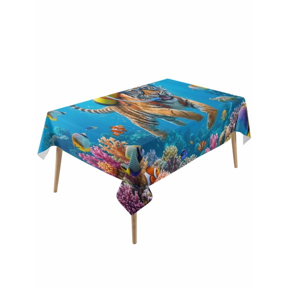 Funny Diving Tiger Table Cloth, Waterproof Tablecloth for Rectangle Tables, Ocean Sea Coastal Coral Fish Marine Life Reusable Washable Fabric Table Cover for Restaurant Kitchen Dining Tables 60"x120"