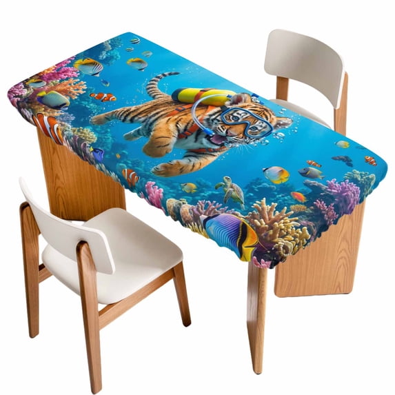 Funny Diving Tiger Table Cloths for 6 Foot Rectangle Tables, Ocean Sea Coastal Coral Fish Marine Life Patio Waterproof Elastic Fitted Tablecloths, Washable Rectangular Table Cover for Camping