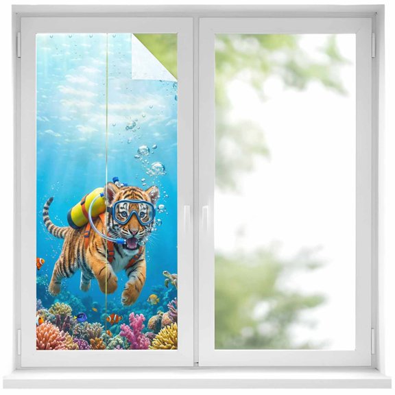 Funny Diving Tiger Window Privacy Film, Ocean Sea Coastal Coral Fish Marine Life Static Cling UV Sun Blocking Heat Control Window Tint Day and Night, Non-Adhesive One Way Privacy Cover 17.7''x39.3''
