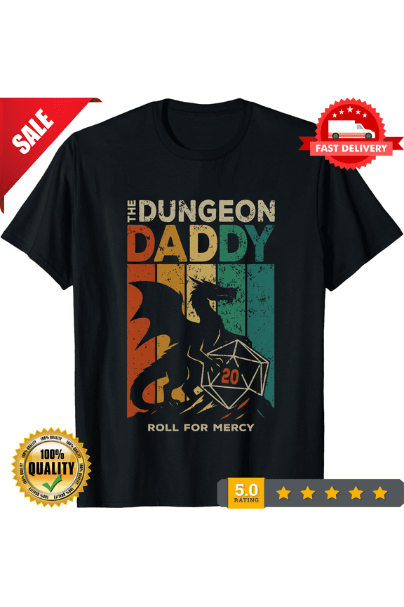 Funny Dnd Shirt Dungeon Master Gift for Him Retro Dragon D20 Dice Tee Dungeon Daddy Shirt Roll for Mercy RPG Shirt Dragon Shirt D20 Dice, CROWD FAVORIT-TH76819