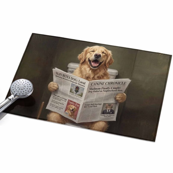 Funny Dog Area Rugs 2x3ft Cute Golden Retriever Cartoon Animals Newspaper Toilet Floor Rug Non Slip Low Pile Ultra Soft Throw Carpet for Entryway Indoor Entrance Kitchen Bathroom