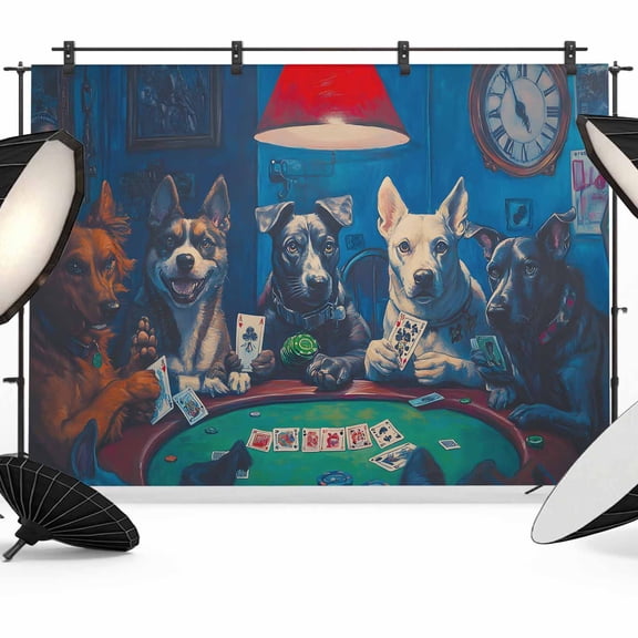 Funny Dog Backdrop for Photography, Dogs Playing Poker Playing Cards Retro Photo Backdrop Portrait Background Party Banner Photo Backgrounds for Studio Booth Props, 10x8ft