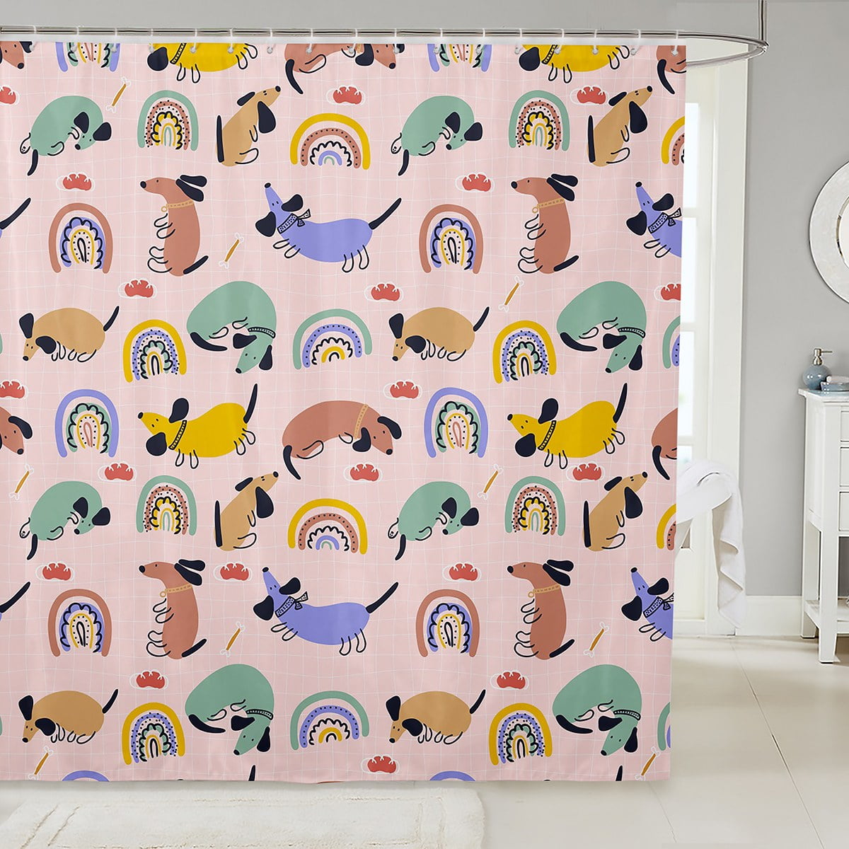 Cute Dogs Shower Curtain - Watercolor Dog Pattern Bathroom Curtain 72x72 Inches With 12 Hooks