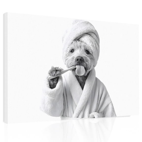 Funny Dog Canvas Print Wall Art, The Dog Brushing Its Teeth Bathroom Wall Decor Modern Artwork Paintings Pictures for Living Room Framed and Stretched Ready to Hang 12" x 16"
