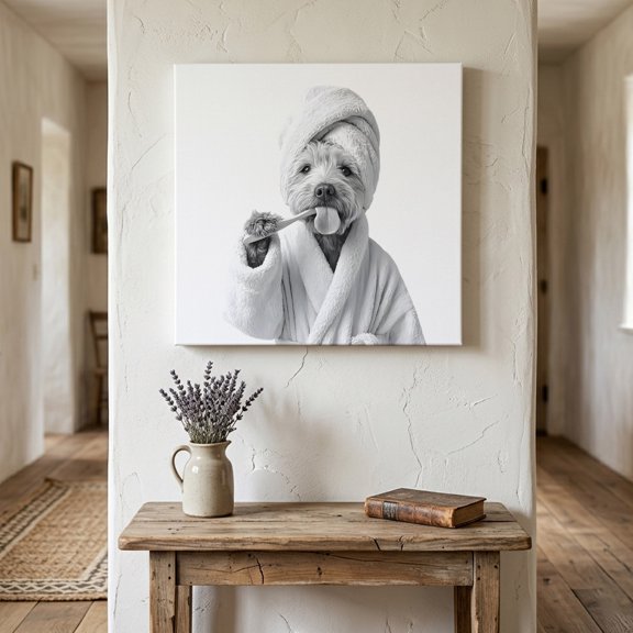 Funny Dog Canvas Wall Art for Living Room Bedroom Bathroom, The Dog Brushing Its Teeth Bathroom Canvas Art Wall Decor, Artwork for Walls Home Office Decor, 8"x8"