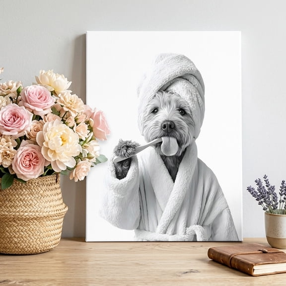 Funny Dog Canvas Wall Art for Living Room, The Dog Brushing Its Teeth Bathroom Poster Print Painting for Bedroom Office Home Decoration Wall Pictures Prepare To Hang 22"x28"