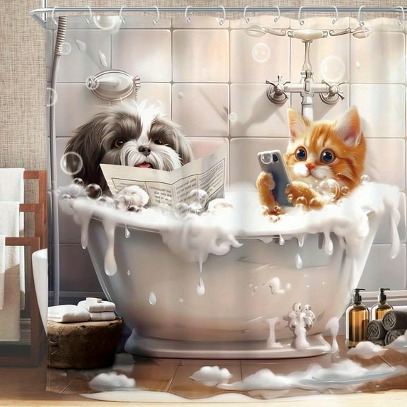 Funny Dog Cat Shower Curtain Bathing in The Bathtub Bubbles Farmhouse Rustic 66Wx72H Inch Hilarious Cute Lovely Pets for Waterproof Polyester Fabric Bathroom Bathtub