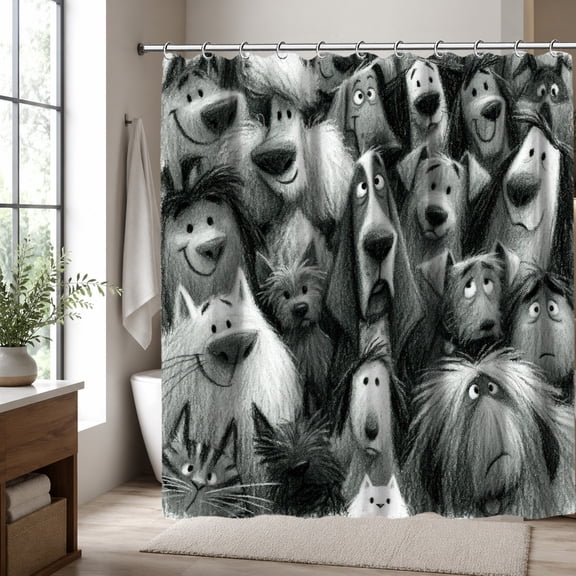 Funny Dog and Cat Shower Curtain, Black and White Cartoon Pet Faces Bathroom Decor, Cute Puppy Kitty Sketch Bath Curtain, Whimsical Animal Bathroom Accessories, 70.87 x 70.87 Inch