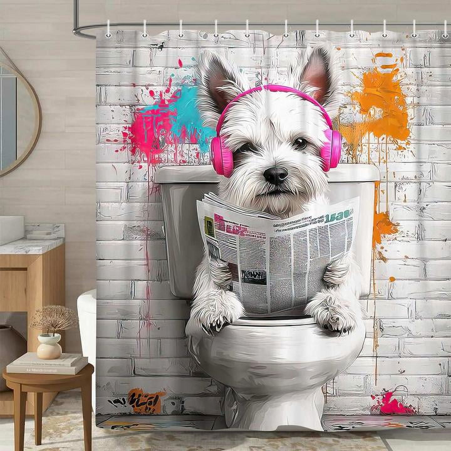Funny Dog Cool Shower Curtains, Fun Pet Hilarious Graffiti Animal on Toilet Shower Curtain for Bathroom, Farmhouse Rustic Mens Shower Curtain with Hooks, 60X70IN