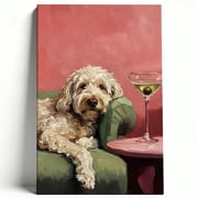 Funny Dog Drinking Martini Canvas Wall Art, Goldendoodle Oil Painting Style Print, Framed Pet Lover Gift, Modern Pink Wall Decor for Living Room & Bar Area 12*18inch30*45cm