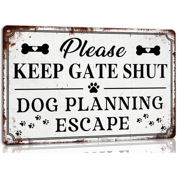 Funny Dog Gate Reminder Metal Sign for Home Yard Front Entry Decor 8x12 Inch