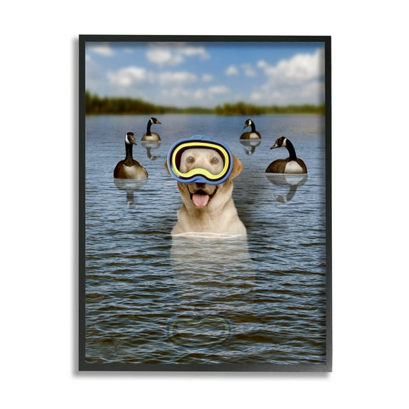 Funny Dog Goggles Swimming Bay Animals & Insects Graphic Art Black Framed Art Print Wall Art