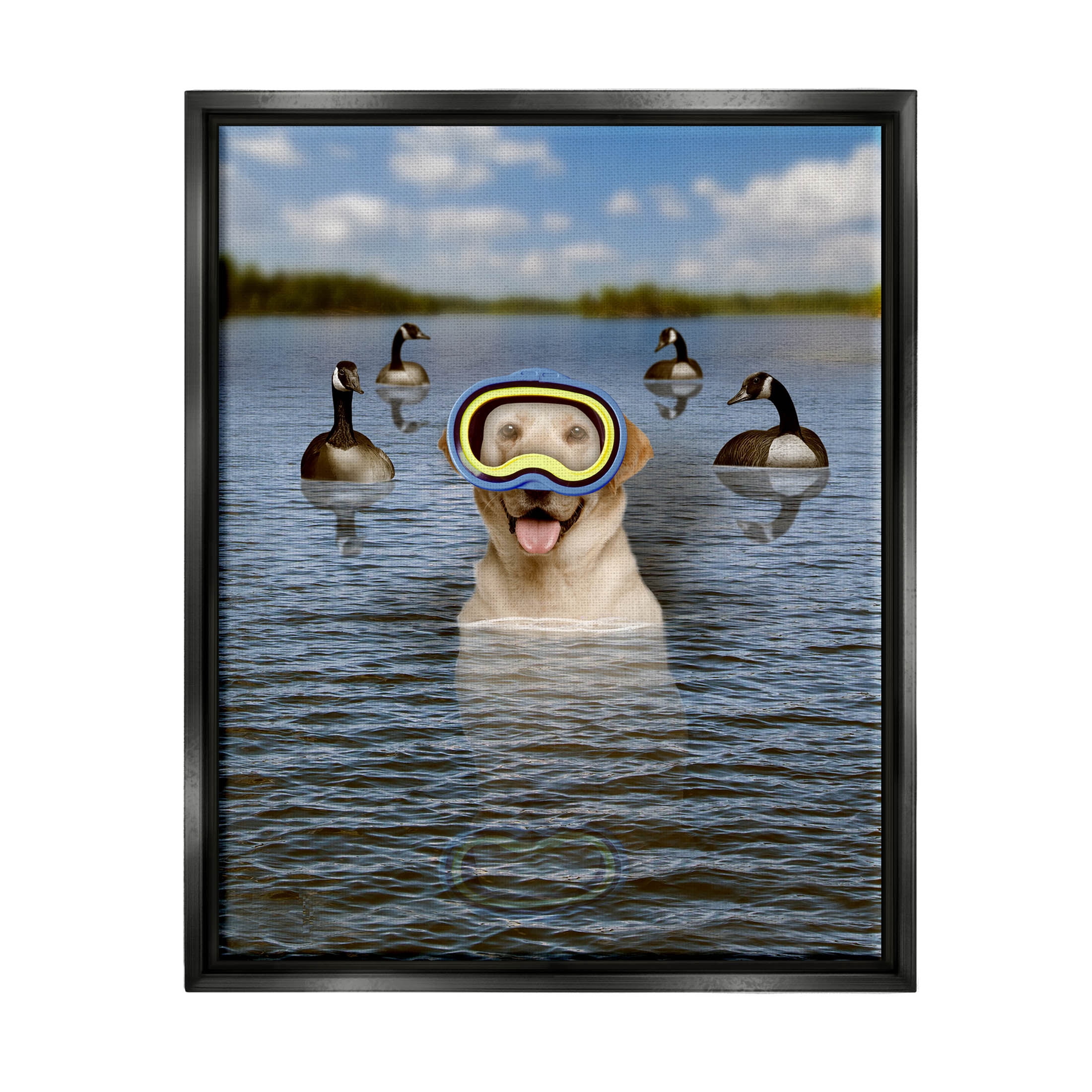 Funny Dog Goggles Swimming Bay Animals & Insects Graphic Art Jet Black Framed Art Print Wall Art