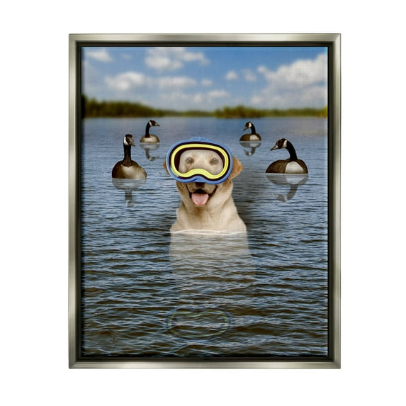 Funny Dog Goggles Swimming Bay Animals & Insects Graphic Art Luster Gray Framed Art Print Wall Art