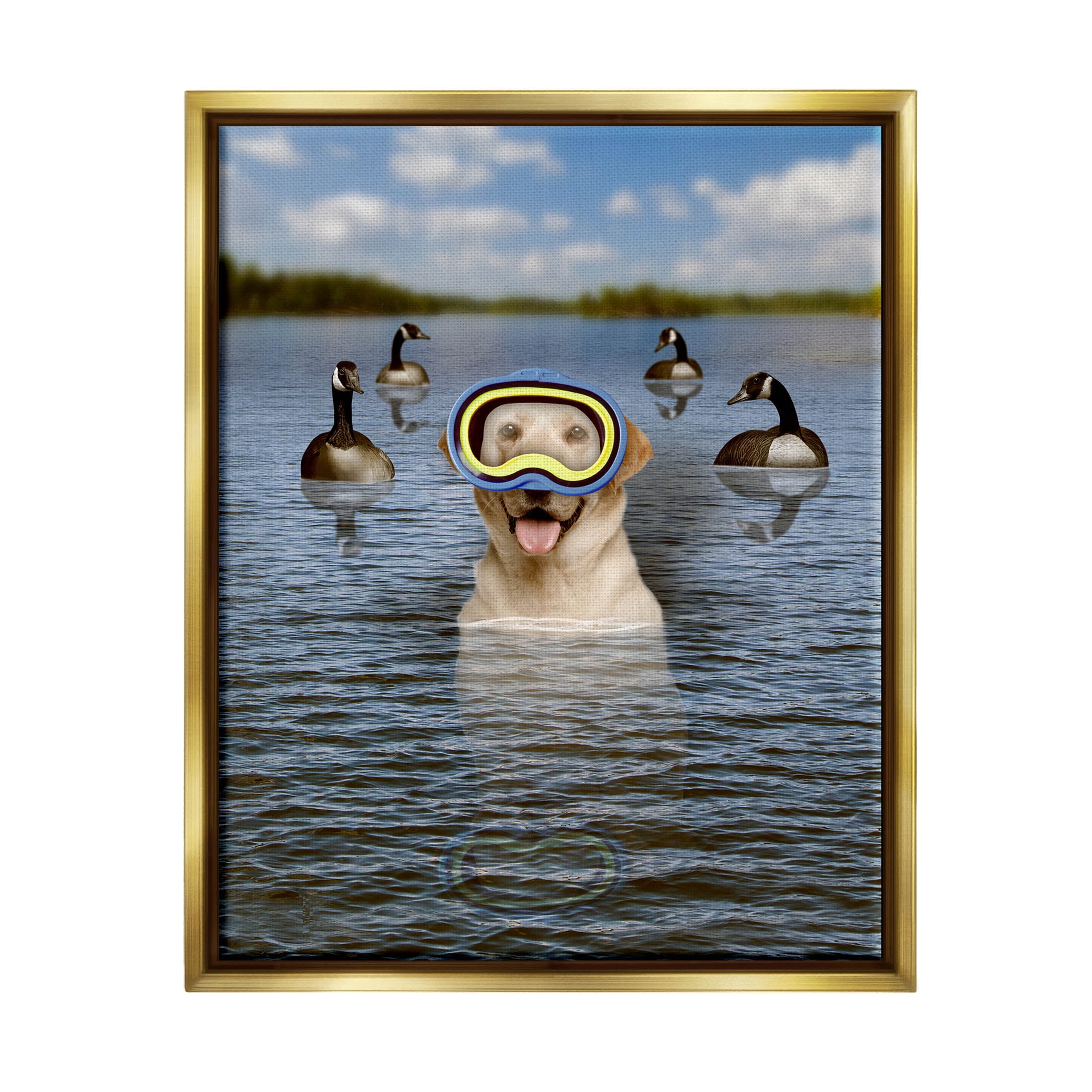 Funny Dog Goggles Swimming Bay Animals & Insects Graphic Art Metallic Gold Framed Art Print Wall Art