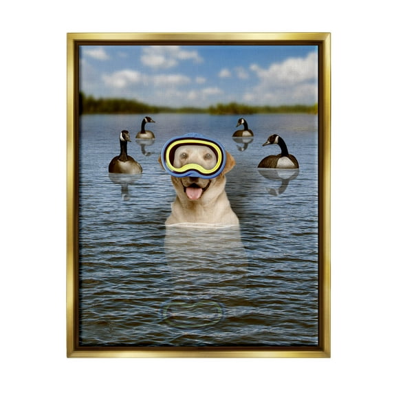 Funny Dog Goggles Swimming Bay Animals & Insects Graphic Art Metallic Gold Framed Art Print Wall Art