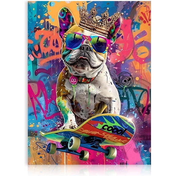 Funny Dog Graffiti Canvas Wall Art, Funky Dog Play Skateboard Wall Poster Colorful Animal Picture Print for Bedroom Kids Room Decor 12x16 in Unframed