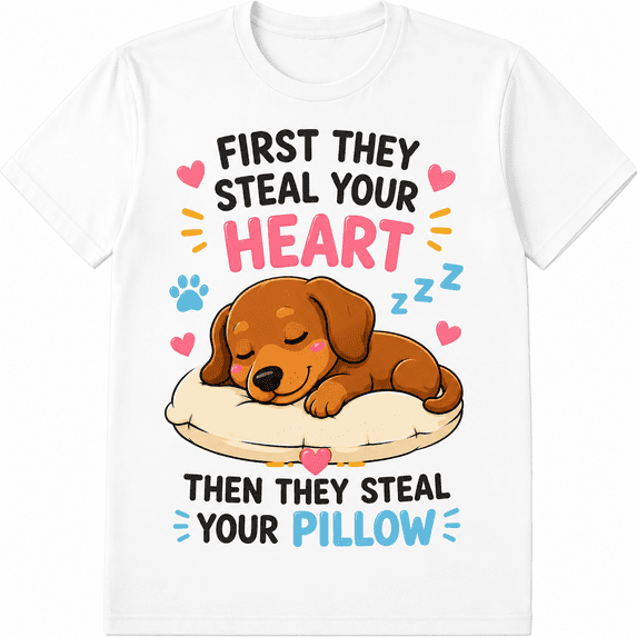 Funny Dog Graphic T-Shirt for Men Women, First They Steal Your Heart Then They Steal Your Bed Cute Sleeping Puppy Meme Tee, Pet Lover Gift Casual Wear
