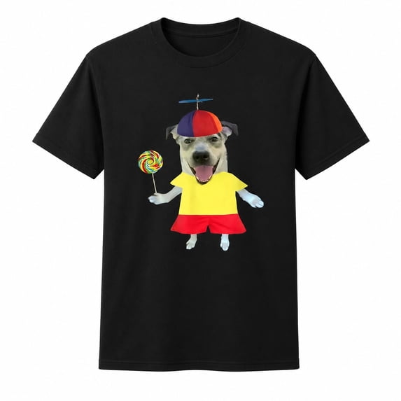 Funny Dog Graphic T-Shirt with Propeller Hat and Lollipop, Unisex Classic Fit Tee