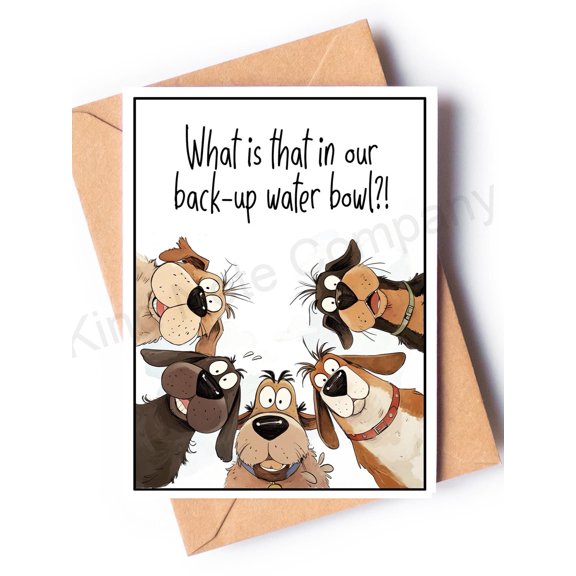 Funny Dog Greeting Card - Humorous Cartoon Featuring Five Curious Dogs Looking Down - What Is That in Our Back-Up Water Bowl?! - Blank Inside for Personal Messages
