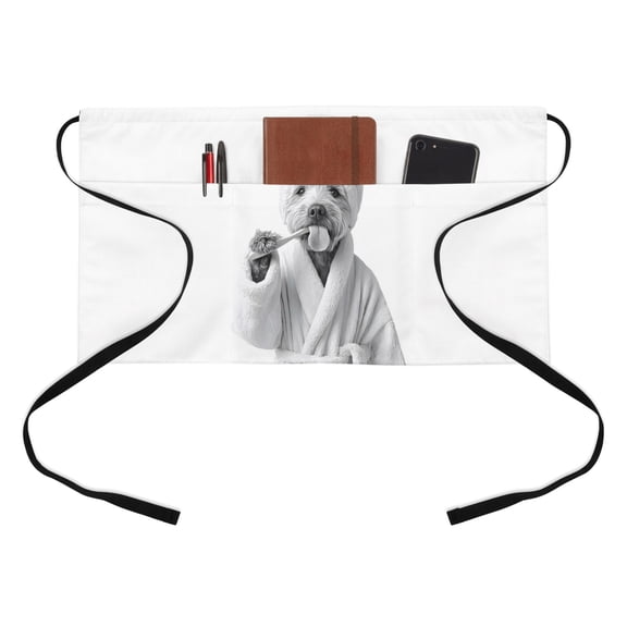 Funny Dog Kitchen Restaurant Half Waist Apron, The Dog Brushing Its Teeth Bathroom Server Short Apron with 3 Pockets Waterproof Oil Waist Aprons for Women Waitress Waiter