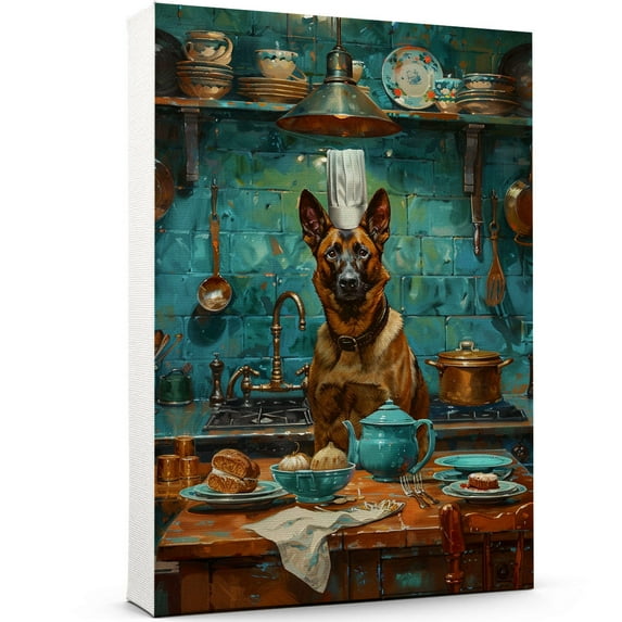 Funny Dog Kitchen Wall Art - Dining Room Wall Decor - Belgian Malinois Cooking Food Canvas Prints for Farmhouse Kitchen Decor, Modern Restaurant Painting Artwork