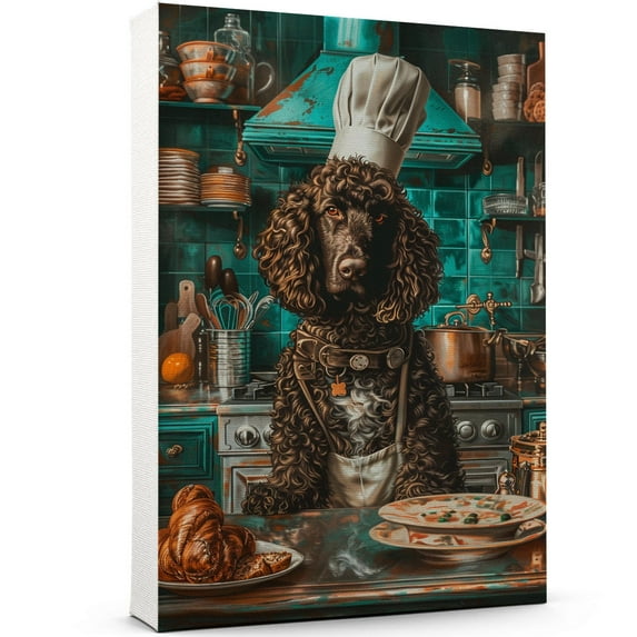 Funny Dog Kitchen Wall Art - Dining Room Wall Decor - Irish Water Spaniel Cooking Food Canvas Prints for Farmhouse Kitchen Decor, Modern Restaurant Painting Artwork
