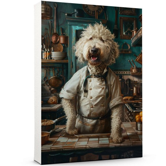 Funny Dog Kitchen Wall Art - Dining Room Wall Decor - Komondor Cooking Food Canvas Prints for Farmhouse Kitchen Decor, Modern Restaurant Painting Artwork