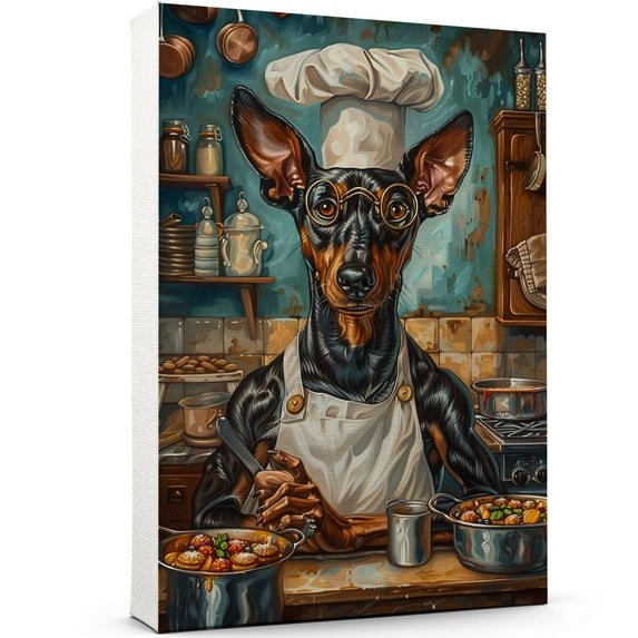 Funny Dog Kitchen Wall Art - Dining Room Wall Decor - Manchester Terrier Toy Cooking Food Canvas Prints for Farmhouse Kitchen Decor, Modern Restaurant Painting Artwork