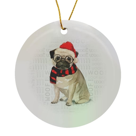 3drose, Funny Dog Lover Christmas Pug in a Santa Hat and Winter Scarf, Circle Porcelain Ornament