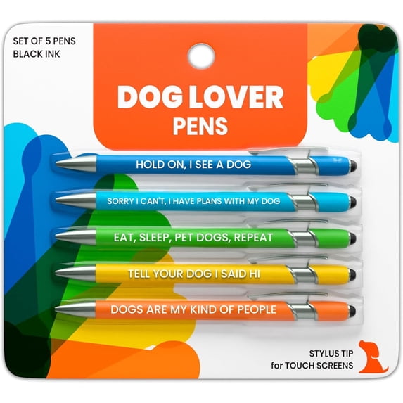 Funny Dog Lover Gift Pen Set, 5-Piece Pen Set with Stylus Tip, Great Gift for Dog Parents, Friends, Co-Workers
