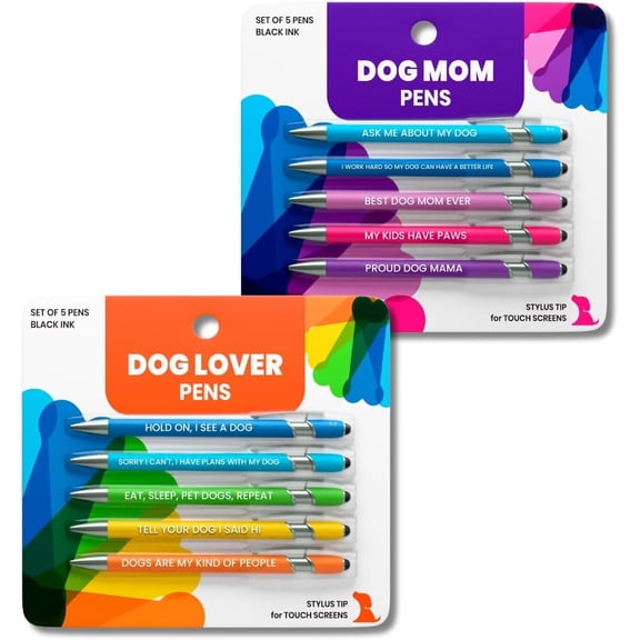Funny Dog Mom and Dog Lover Gift Pen Set, 2 Pack of 5-Piece Pen Sets with Stylus Tips