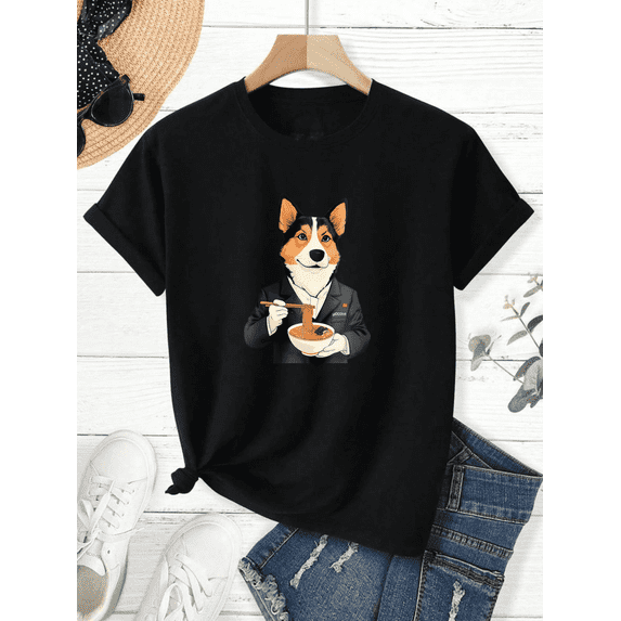 Funny Dog Noodle Graphic T-Shirt, Cute Cartoon Animal Chef Style Casual Short Sleeve Tee