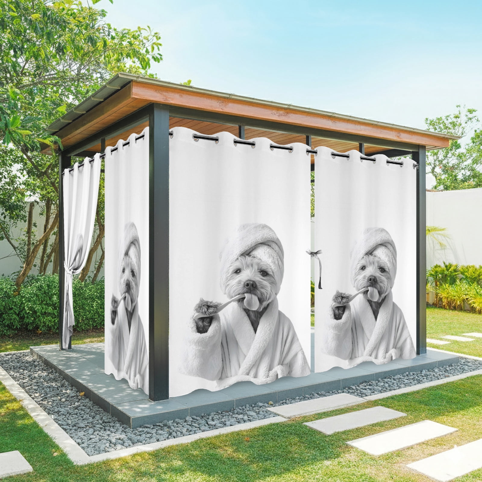 Funny Dog Outdoor Curtains for Patio, The Dog Brushing Its Teeth Bathroom Sunshade Privacy Drapes Grommet Waterproof Outside Curtains for Porch/Cabana/Balcony 54"x 108", 1 Panel