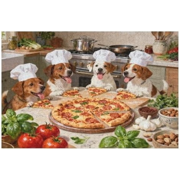 Funny Dog Pizza Puzzle for Adults 500 Pieces, Humorous Pet Food Artwork, Challenging Jigsaw Puzzle for Dog Lovers Kitchen Decor and Family Games