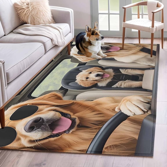 Funny Dog Print Area Rug 4x6 Washable Rug Non Slip Summer Modern Animals Large Area Rug Indoor Floor Carpet for Entryway Bedroom Kitchen Living Room Home Office Dining Room Nursery