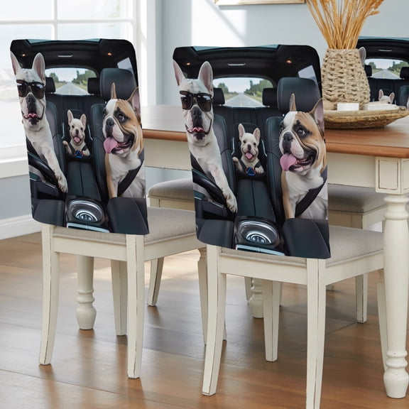 Funny Dog Print Chair Back Covers, Summer Modern Driving Animals Removable Chair Covers for Dining Chairs Set of 8, Washable Chairs Slipcovers Back Seat Protector for Wedding Party 19"x20"