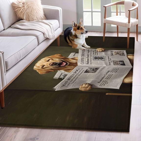 Funny Dog Puppy 2.7x5 Rug for Office Desk Chair Area Small Bedroom, Cute Golden Retriever Cartoon Newspaper Toilet Washable Non Slip Rectangle Area Rug