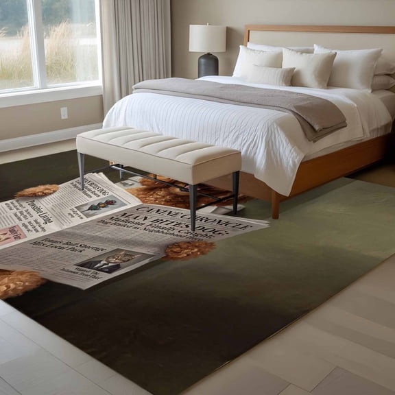 Funny Dog Puppy 6x9 Rug for Dining Room Table and Chair Setup, Cute Golden Dog Cartoon Newspaper Toilet Low Pile Washable Non Slip Rectangle Area Rug