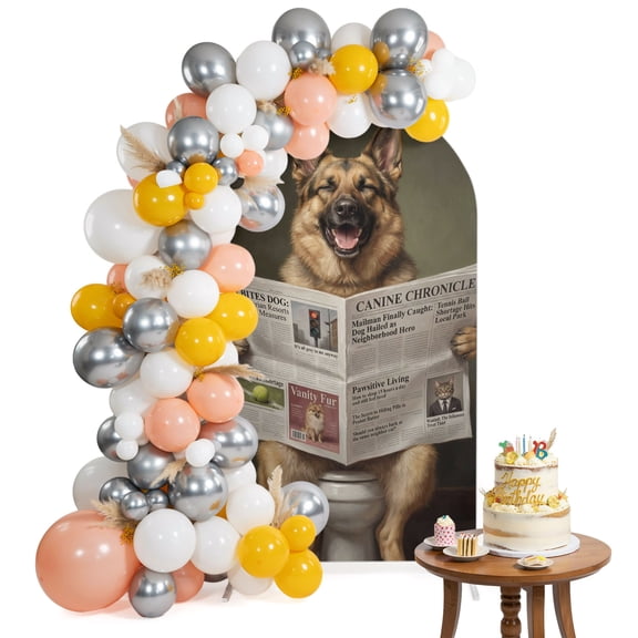Funny Dog Puppy Arch Backdrop Cover 4FT Cute German Shepherd Cartoon Newspaper Toilet Spandex Fitted Arch Covers Stretchy Backdrop Decoration for Wedding Birthday Graduation Party