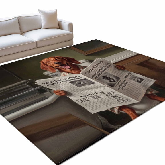 Funny Dog Puppy Area Rug, Cute Dachshund Cartoon Newspaper Toilet Non-Slip Felt Rubber Backing Rectangle Indoor Carpet Washable Rugs for Living Room Bedroom 9x12